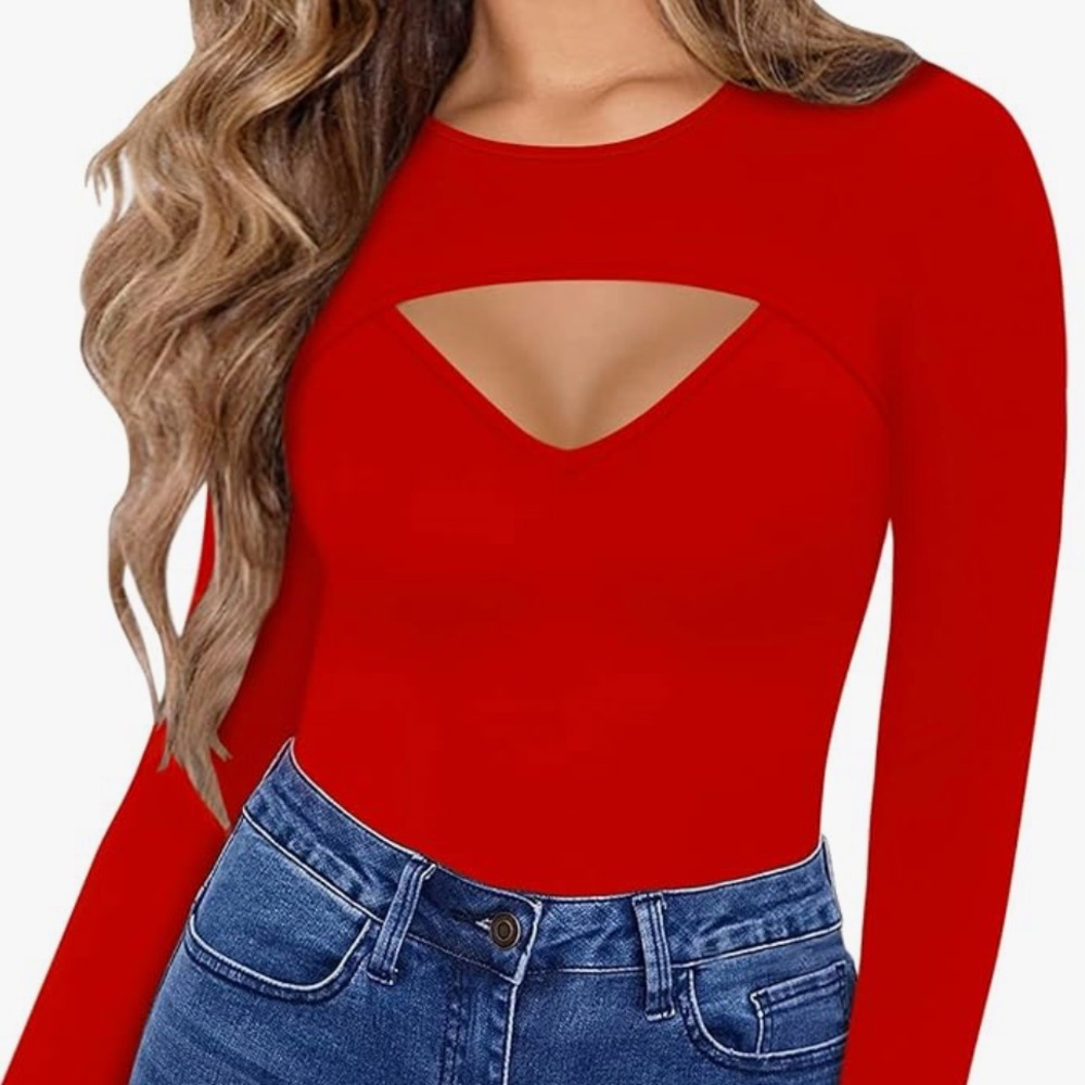 HERLOLLYCHIPS - RED LONG SLEEVE TOP WITH FRONT CUTOUT